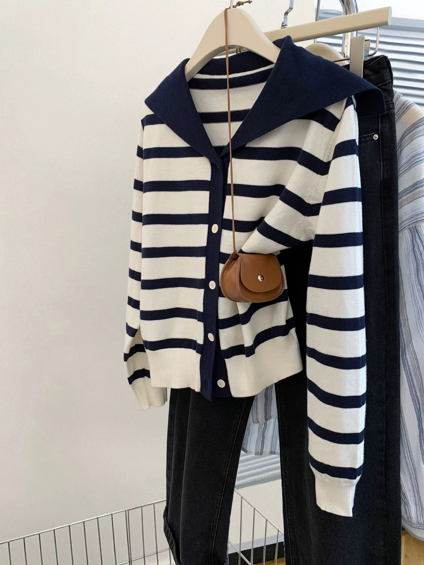 Blue Navy Collar Striped Knitted Cardigan Women 2025 Autumn College Style High-end Knitted Sweater Wool Jacket Top