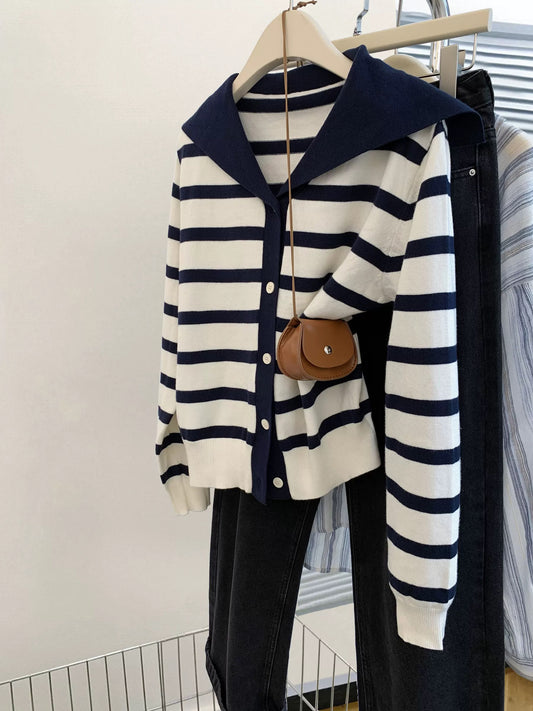 Blue Navy Collar Striped Knitted Cardigan Women 2025 Autumn College Style High-end Knitted Sweater Wool Jacket Top