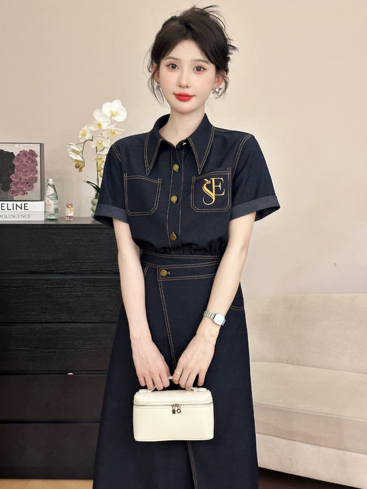 A roasted goose exquisite special denim lapel dress for women summer temperament roasted goose house women's dress