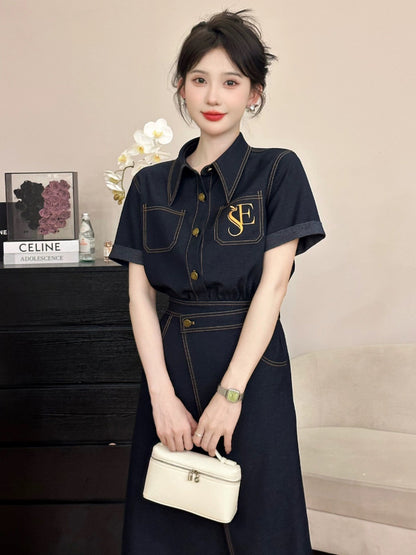 A roasted goose exquisite special denim lapel dress for women summer temperament roasted goose house women's dress