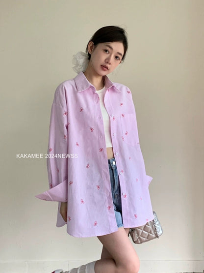 KAKAMEE bow print all-over printed shirt for women 2024 summer new style Korea Dongdaemun contrast color top thin