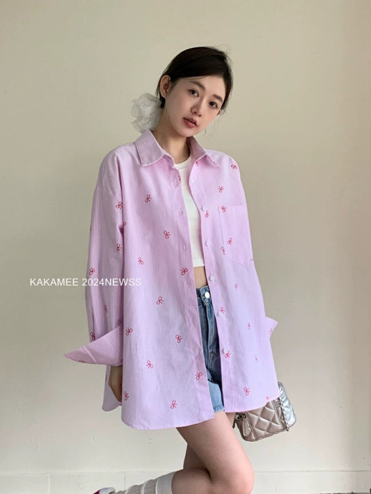 KAKAMEE bow print all-over printed shirt for women 2024 summer new style Korea Dongdaemun contrast color top thin