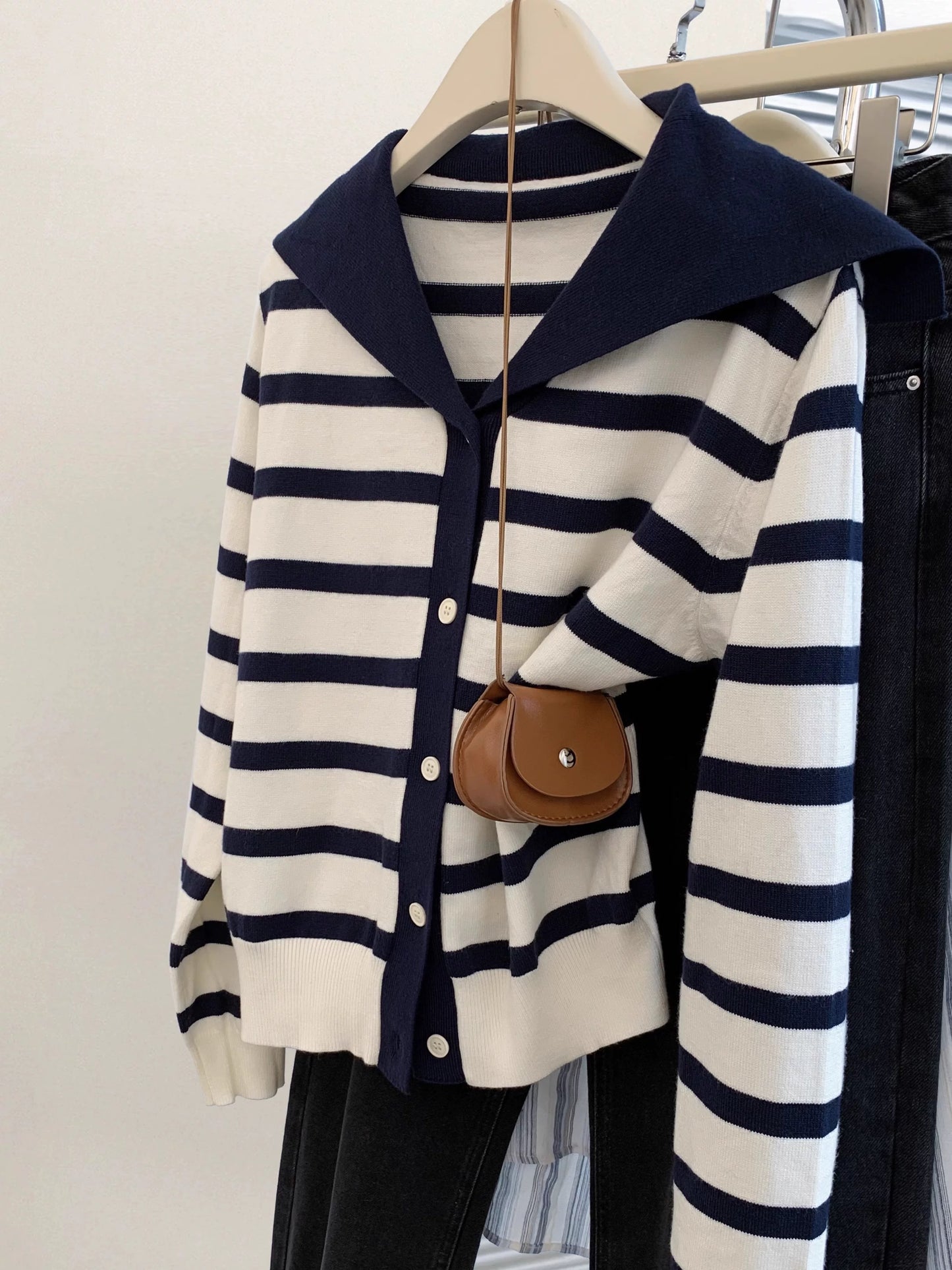 Blue Navy Collar Striped Knitted Cardigan Women 2025 Autumn College Style High-end Knitted Sweater Wool Jacket Top