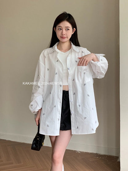 KAKAMEE bow print all-over printed shirt for women 2024 summer new style Korea Dongdaemun contrast color top thin