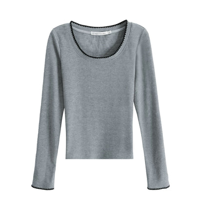 Narrative Apricot Square Neck Straight Shoulder Short Long Sleeve Knit Top Women's Autumn and Winter New Slim Fit Inner Layer Base Shirt