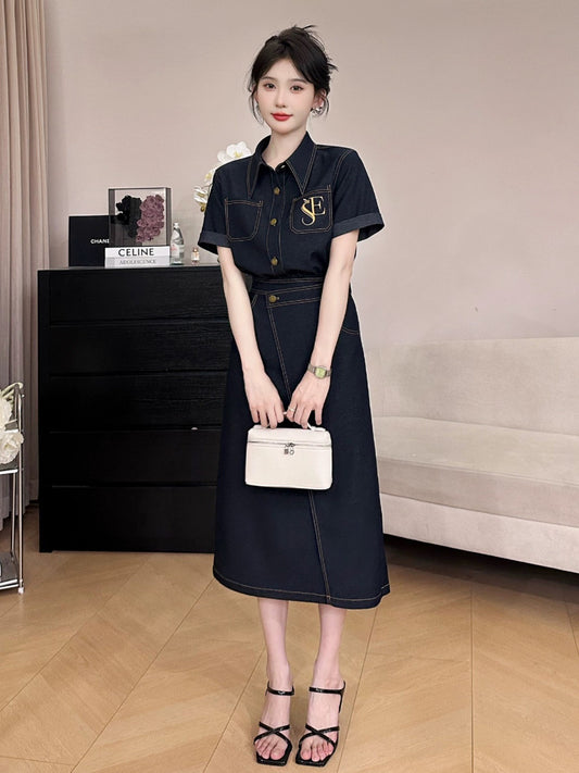 A roasted goose exquisite special denim lapel dress for women summer temperament roasted goose house women's dress