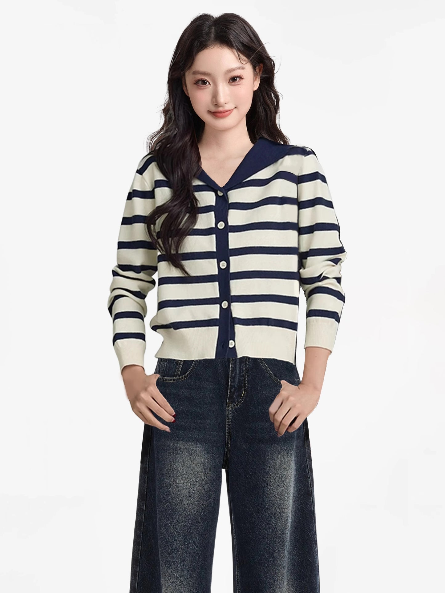Blue Navy Collar Striped Knitted Cardigan Women 2025 Autumn College Style High-end Knitted Sweater Wool Jacket Top
