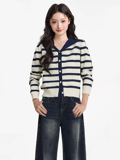 Blue Navy Collar Striped Knitted Cardigan Women 2025 Autumn College Style High-end Knitted Sweater Wool Jacket Top