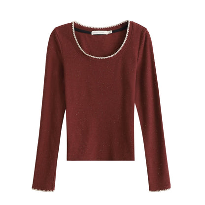 Narrative Apricot Square Neck Straight Shoulder Short Long Sleeve Knit Top Women's Autumn and Winter New Slim Fit Inner Layer Base Shirt