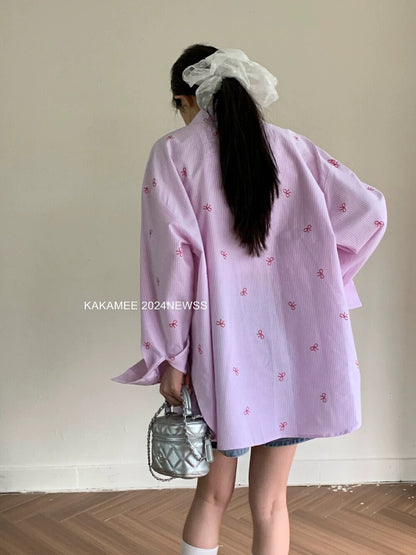KAKAMEE bow print all-over printed shirt for women 2024 summer new style Korea Dongdaemun contrast color top thin