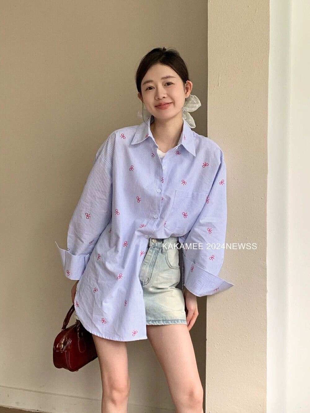 KAKAMEE bow print all-over printed shirt for women 2024 summer new style Korea Dongdaemun contrast color top thin