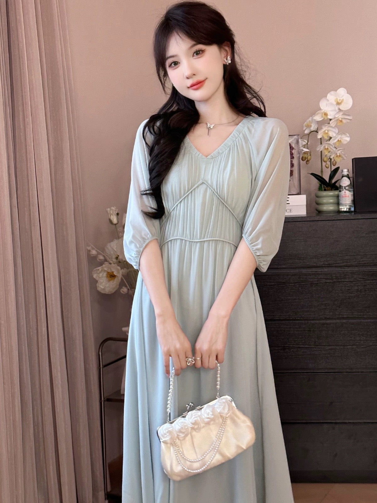 A roasted goose blue wind chime blue chiffon dress women's commuting summer long skirt roasted goose home women's skirt