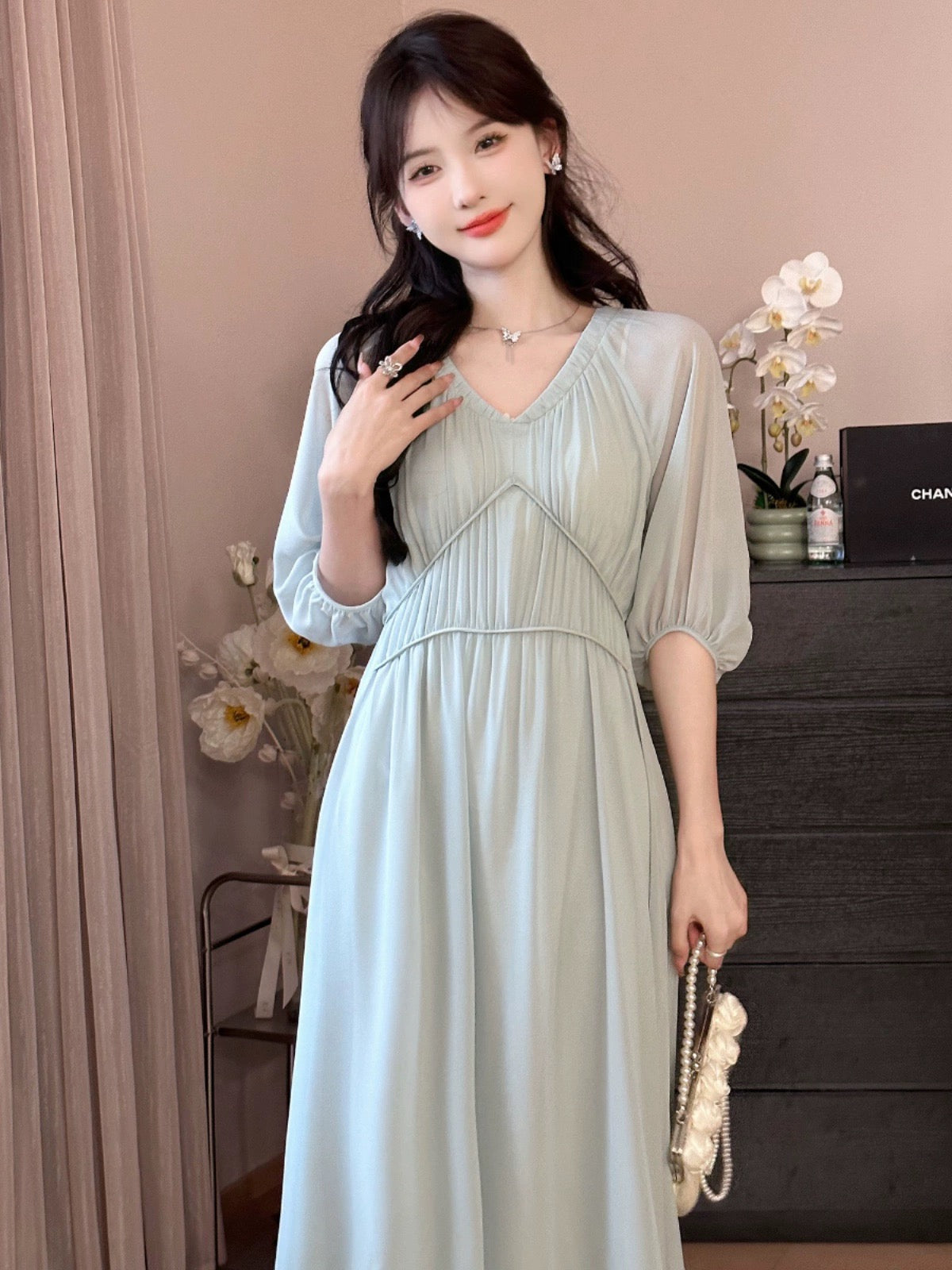 A roasted goose blue wind chime blue chiffon dress women's commuting summer long skirt roasted goose home women's skirt