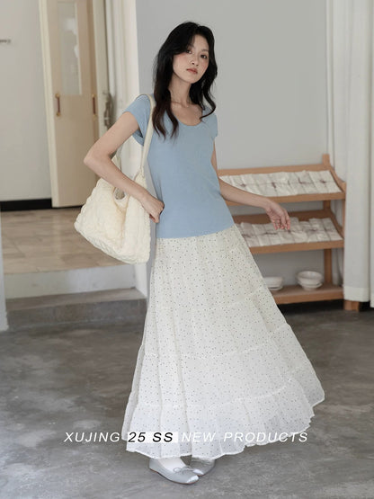 "Narrative Realm" French-style apricot polka dot high-waisted midi skirt for women, 2025 summer new fashion midi skirt.