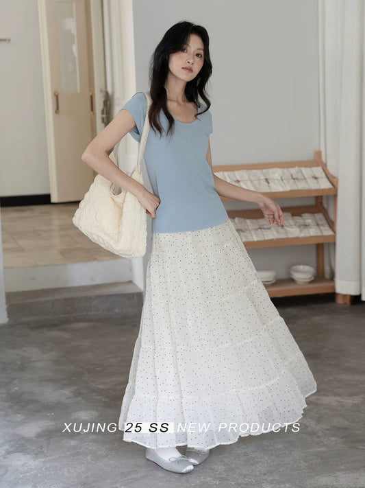 "Narrative Realm" French-style apricot polka dot high-waisted midi skirt for women, 2025 summer new fashion midi skirt.