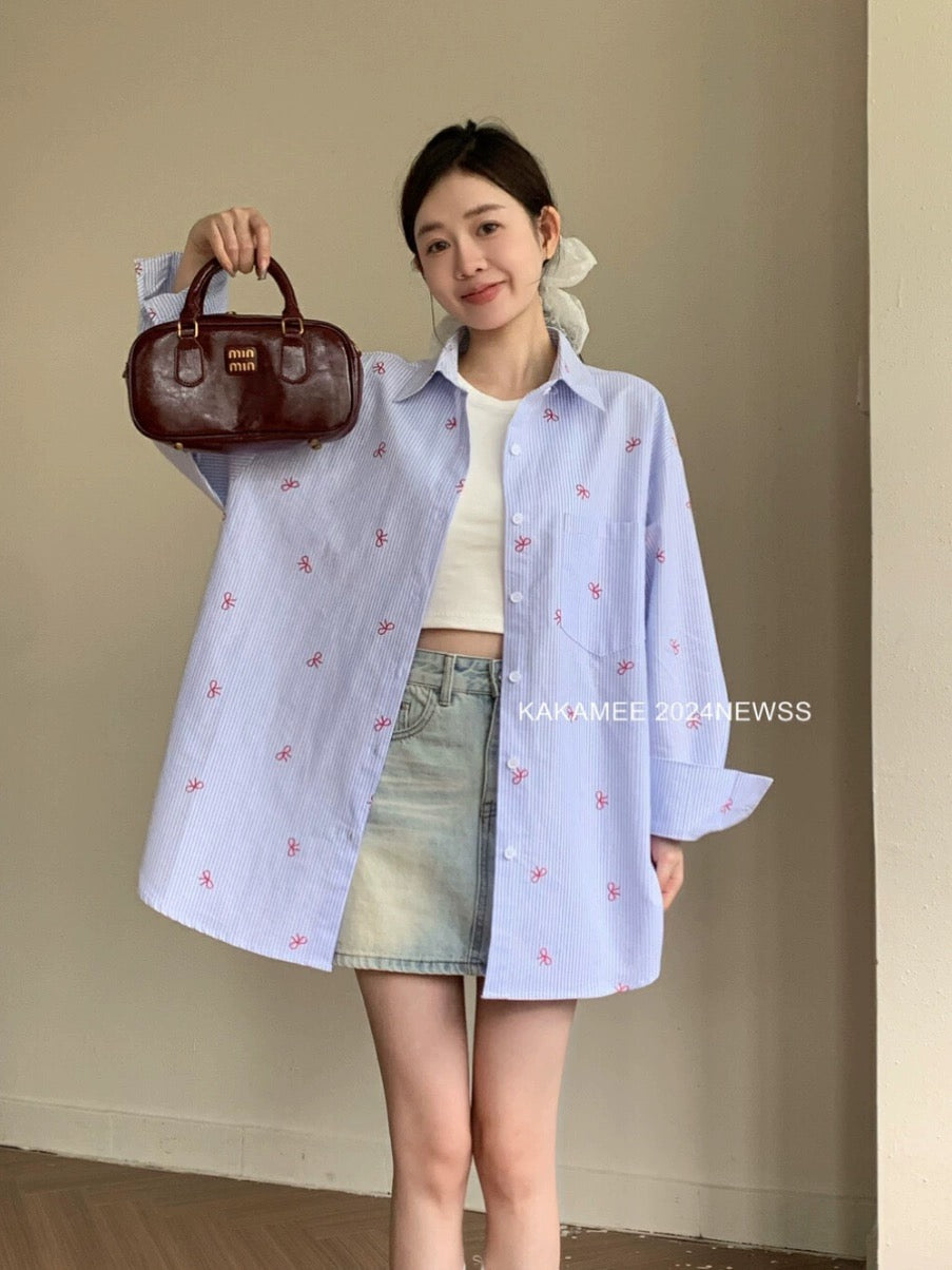 KAKAMEE bow print all-over printed shirt for women 2024 summer new style Korea Dongdaemun contrast color top thin