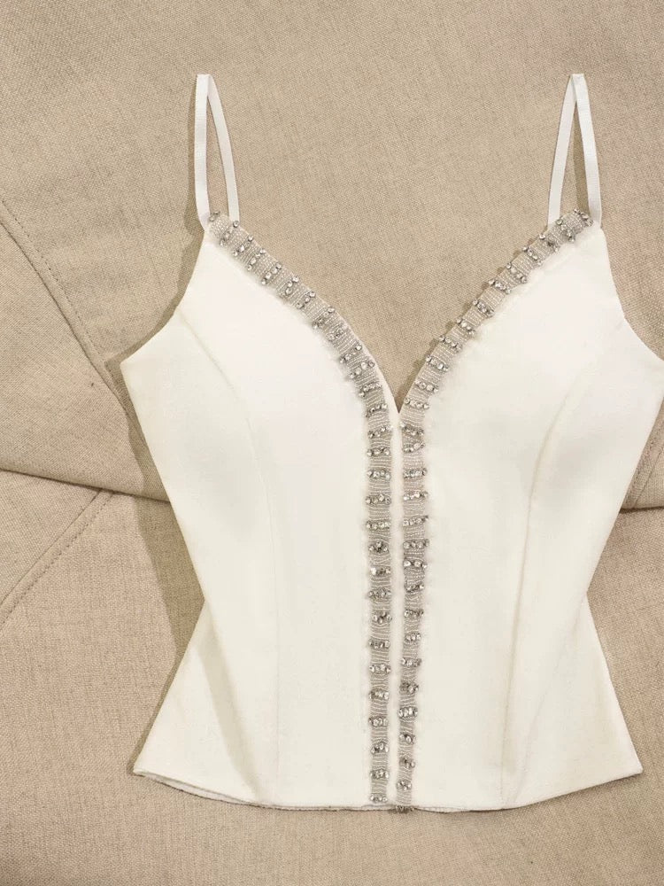 French pure desire style heavy diamond camisole vest for women slim short style outer wear sexy beautiful back hot girl v-neck top