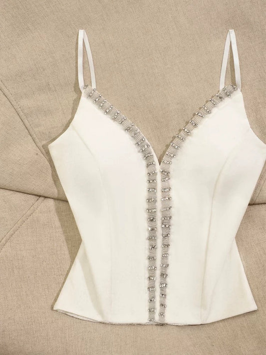 French pure desire style heavy diamond camisole vest for women slim short style outer wear sexy beautiful back hot girl v-neck top