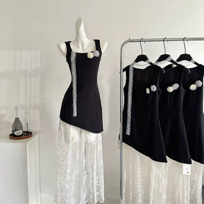 Youni homemade black apricot lace spring and summer high-grade French sexy fishtail suspender dress for women