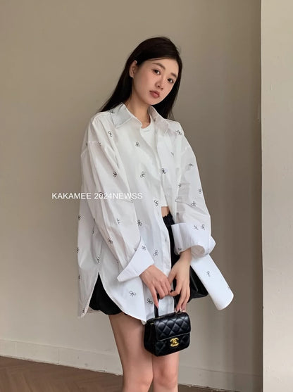 KAKAMEE bow print all-over printed shirt for women 2024 summer new style Korea Dongdaemun contrast color top thin