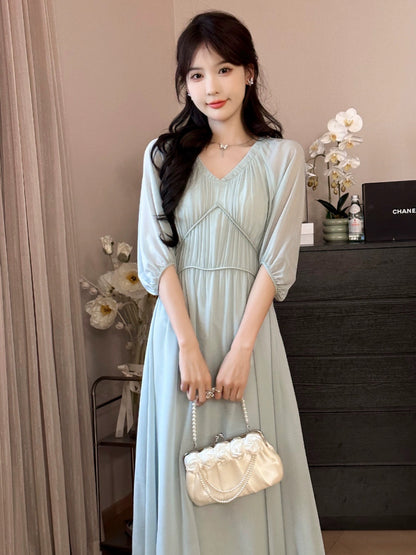 A roasted goose blue wind chime blue chiffon dress women's commuting summer long skirt roasted goose home women's skirt