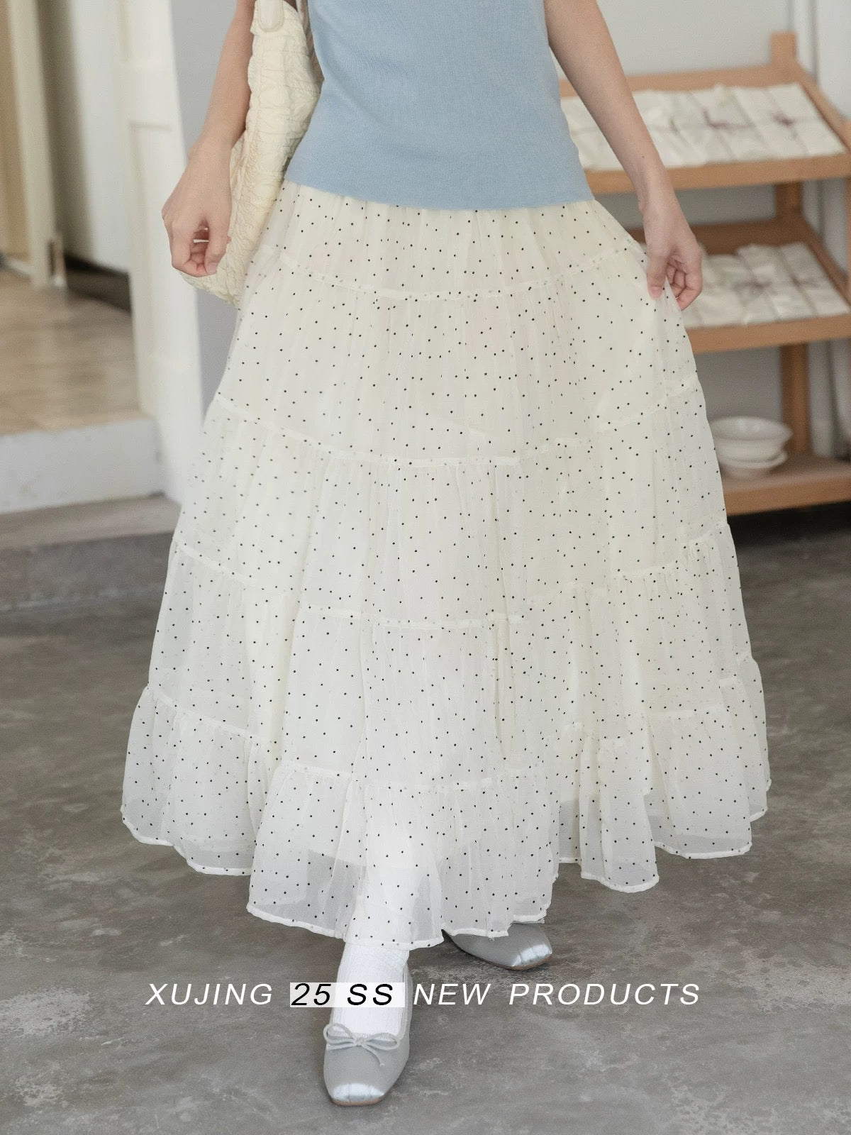 "Narrative Realm" French-style apricot polka dot high-waisted midi skirt for women, 2025 summer new fashion midi skirt.