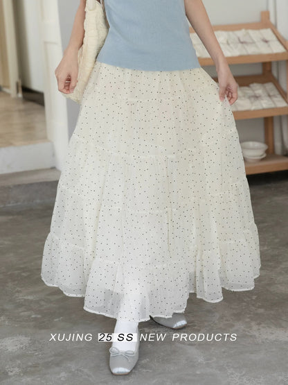 "Narrative Realm" French-style apricot polka dot high-waisted midi skirt for women, 2025 summer new fashion midi skirt.