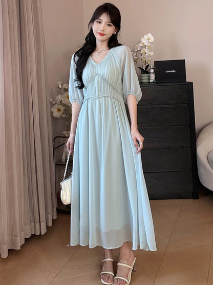 A roasted goose blue wind chime blue chiffon dress women's commuting summer long skirt roasted goose home women's skirt