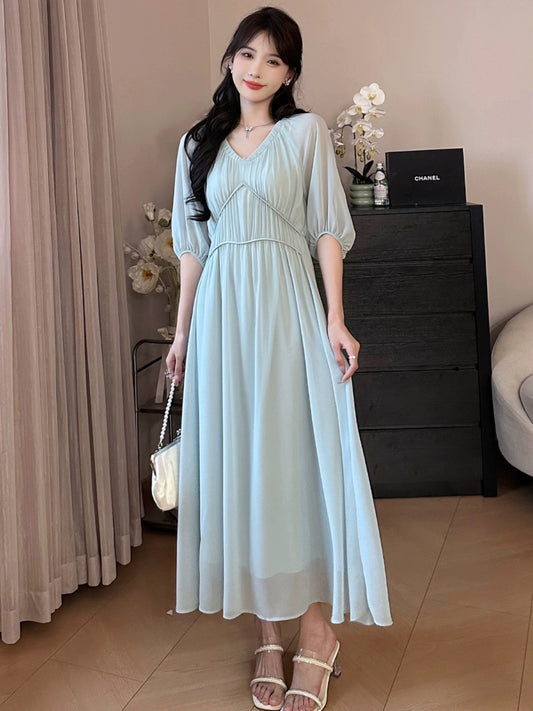 A roasted goose blue wind chime blue chiffon dress women's commuting summer long skirt roasted goose home women's skirt