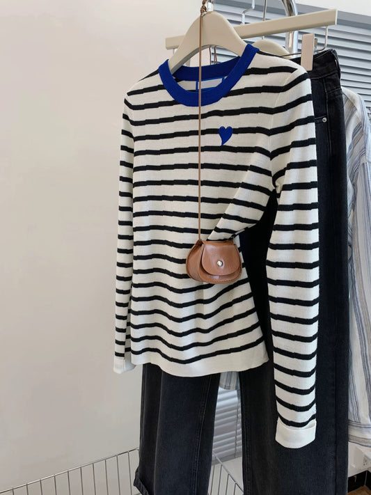 Black and white striped straight shoulder long-sleeved sweater for women in early autumn design niche slim fit knitted bottoming shirt top