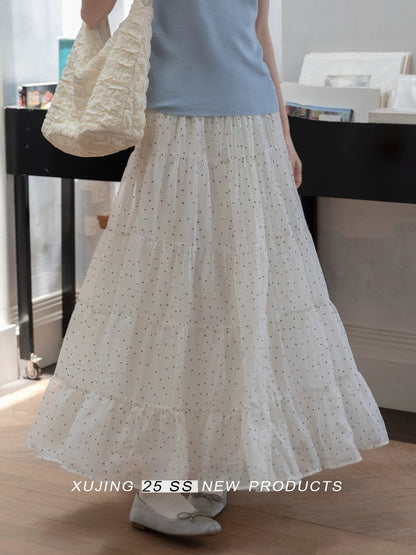 "Narrative Realm" French-style apricot polka dot high-waisted midi skirt for women, 2025 summer new fashion midi skirt.