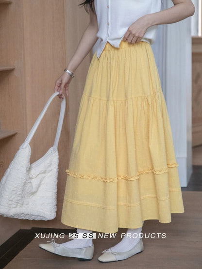 Narrative Yellow Midi Skirt for Women, High Waist, Slimming, New Summer Style, Elastic Waist, Mid-Length, Versatile, A-line Skirt