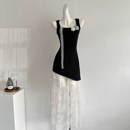 Youni homemade black apricot lace spring and summer high-grade French sexy fishtail suspender dress for women