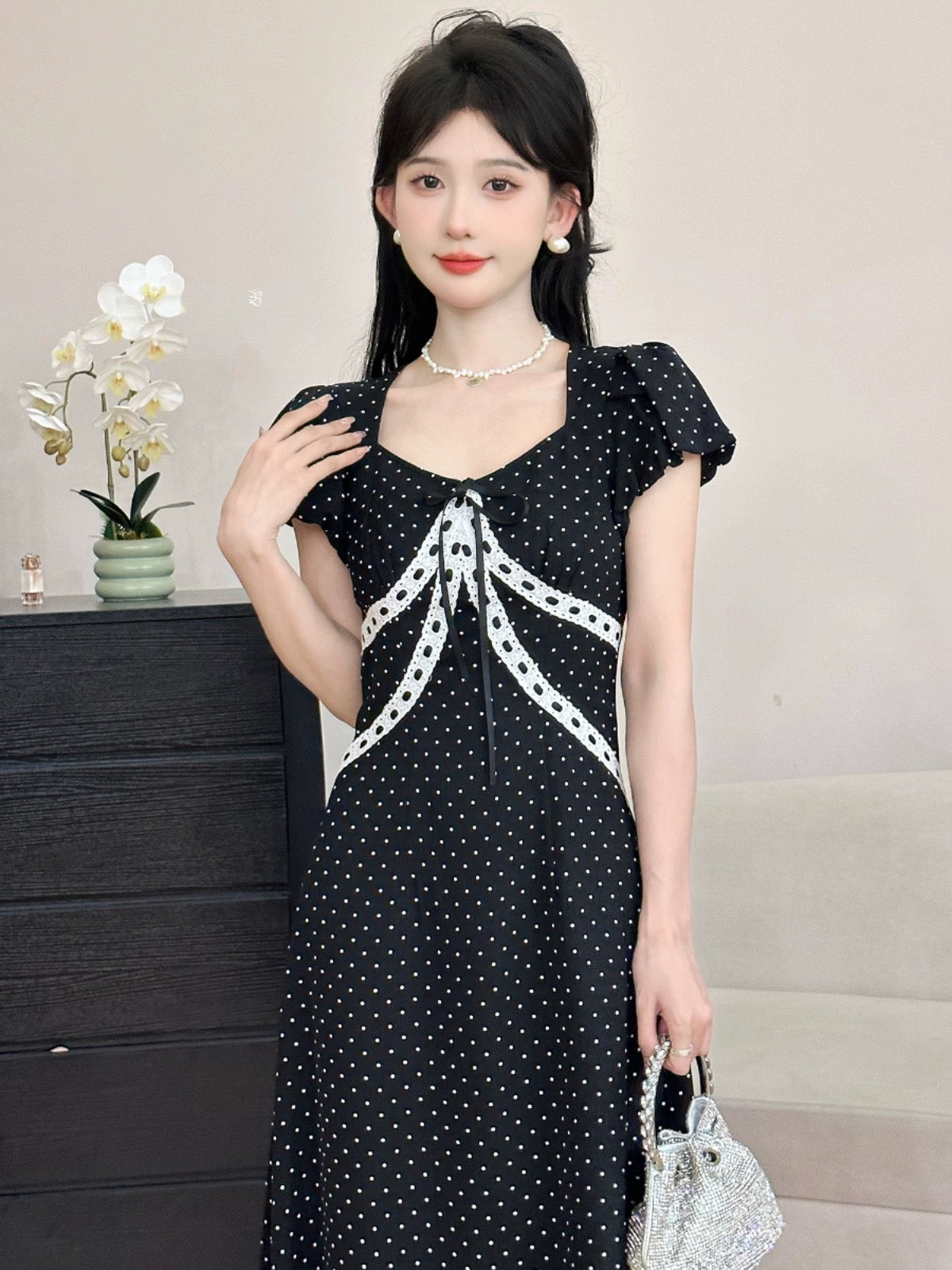 A Roast Goose [Lace Diary] Black Polka Dot V-Neck Dress for Women Summer 2024 Gentle and Slim Long Dress