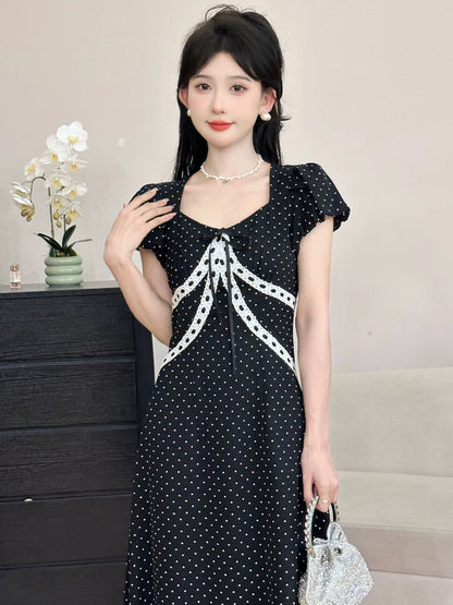A Roast Goose [Lace Diary] Black Polka Dot V-Neck Dress for Women Summer 2024 Gentle and Slim Long Dress