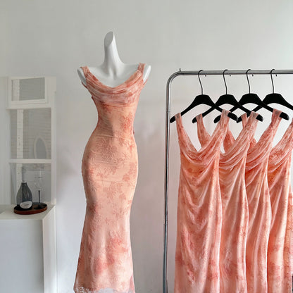 Youni homemade pink suspender dress female 2025 spring new sexy backless long dress holiday dress