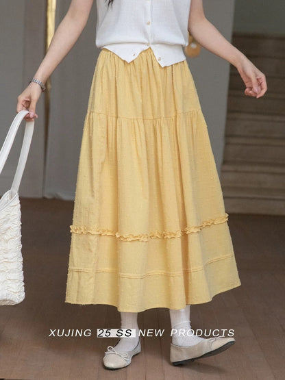Narrative Yellow Midi Skirt for Women, High Waist, Slimming, New Summer Style, Elastic Waist, Mid-Length, Versatile, A-line Skirt