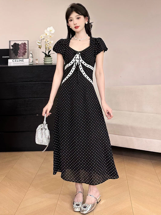 A Roast Goose [Lace Diary] Black Polka Dot V-Neck Dress for Women Summer 2024 Gentle and Slim Long Dress