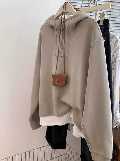Early autumn fake two-piece thickened half-zip hooded sweatshirt women's autumn and winter European goods shoulder small size pullover loose 2025