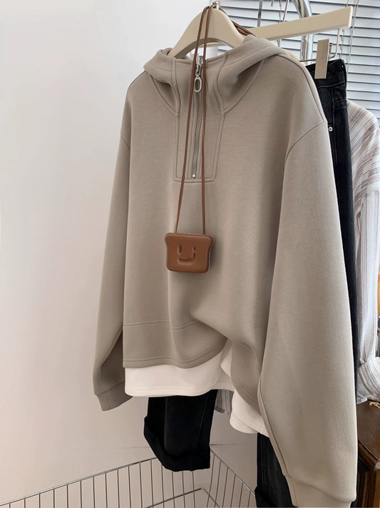Early autumn fake two-piece thickened half-zip hooded sweatshirt women's autumn and winter European goods shoulder small size pullover loose 2025