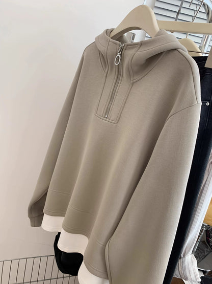 Early autumn fake two-piece thickened half-zip hooded sweatshirt women's autumn and winter European goods shoulder small size pullover loose 2025
