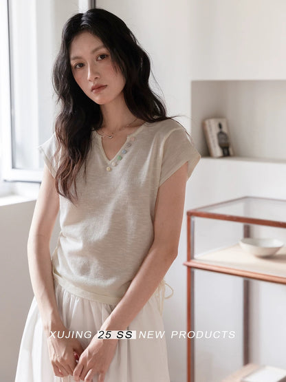 Narrative Snowflake Cotton Short-Sleeve Off-Shoulder Women's T-Shirt, Slim Fit, Waist-Defining Design, Drawstring, Apricot V-Neck, Summer Short Top
