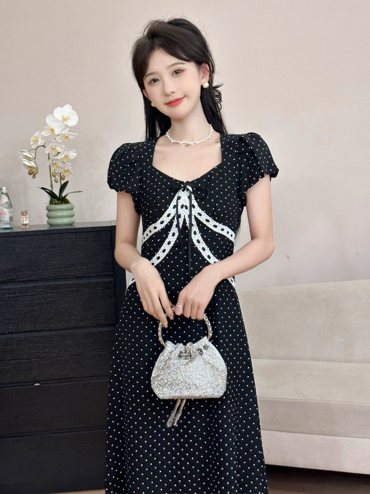 A Roast Goose [Lace Diary] Black Polka Dot V-Neck Dress for Women Summer 2024 Gentle and Slim Long Dress