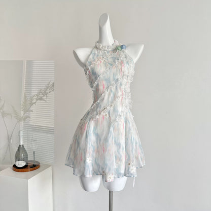 Youni homemade jasmine green summer sweet slim waist design short dress