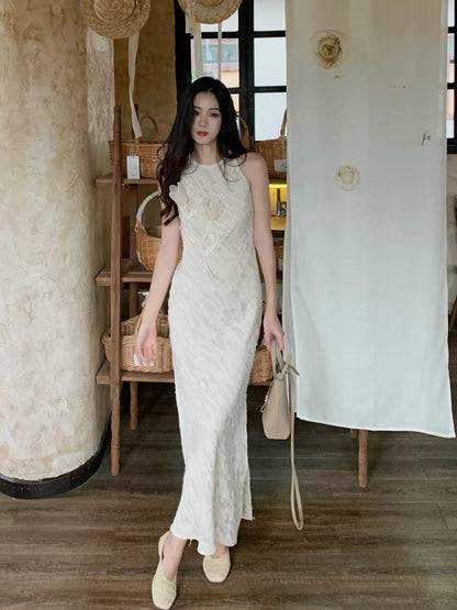 LAZYZ Women's Summer 2026 New Arrival: Sophisticated Tencel Sleeveless Dress – French Vintage Style with Intricate Detailing