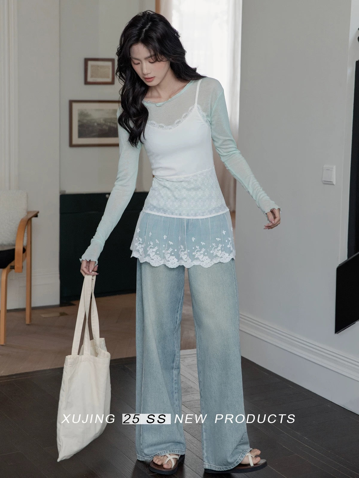 "Narrative Realm" Retro Blue Washed Distressed High-Waisted Jeans for Women, New Season Style, Loose Wide Leg Straight Pants
