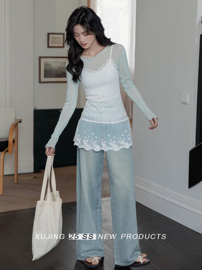 "Narrative Realm" Retro Blue Washed Distressed High-Waisted Jeans for Women, New Season Style, Loose Wide Leg Straight Pants