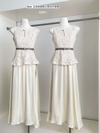 Duolaimei 2025 sleeveless waist top summer high-end embroidered outerwear vest high waist skirt suit