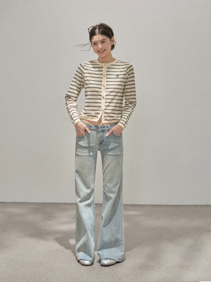 "Narrative Realm" Blue Washed High-Waisted Flared Jeans for Women, New Autumn Style, Fashionable Button-Down Straight Leg Pants