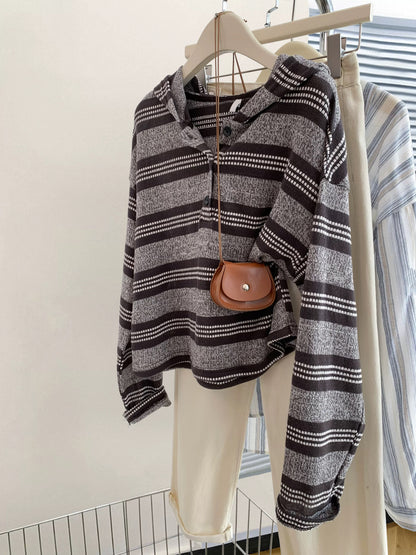 Striped straight shoulder hooded pullover long-sleeved sweater women's early autumn sweater loose knitted top 2025 new
